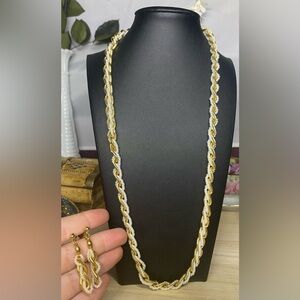 Vintage Crown Trifari gold tone white bead braided chain necklace and earrings